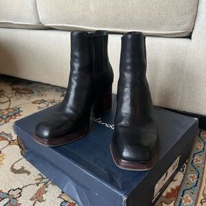 Square Toe Block Heel Chunky Black Leather Ankle Booties